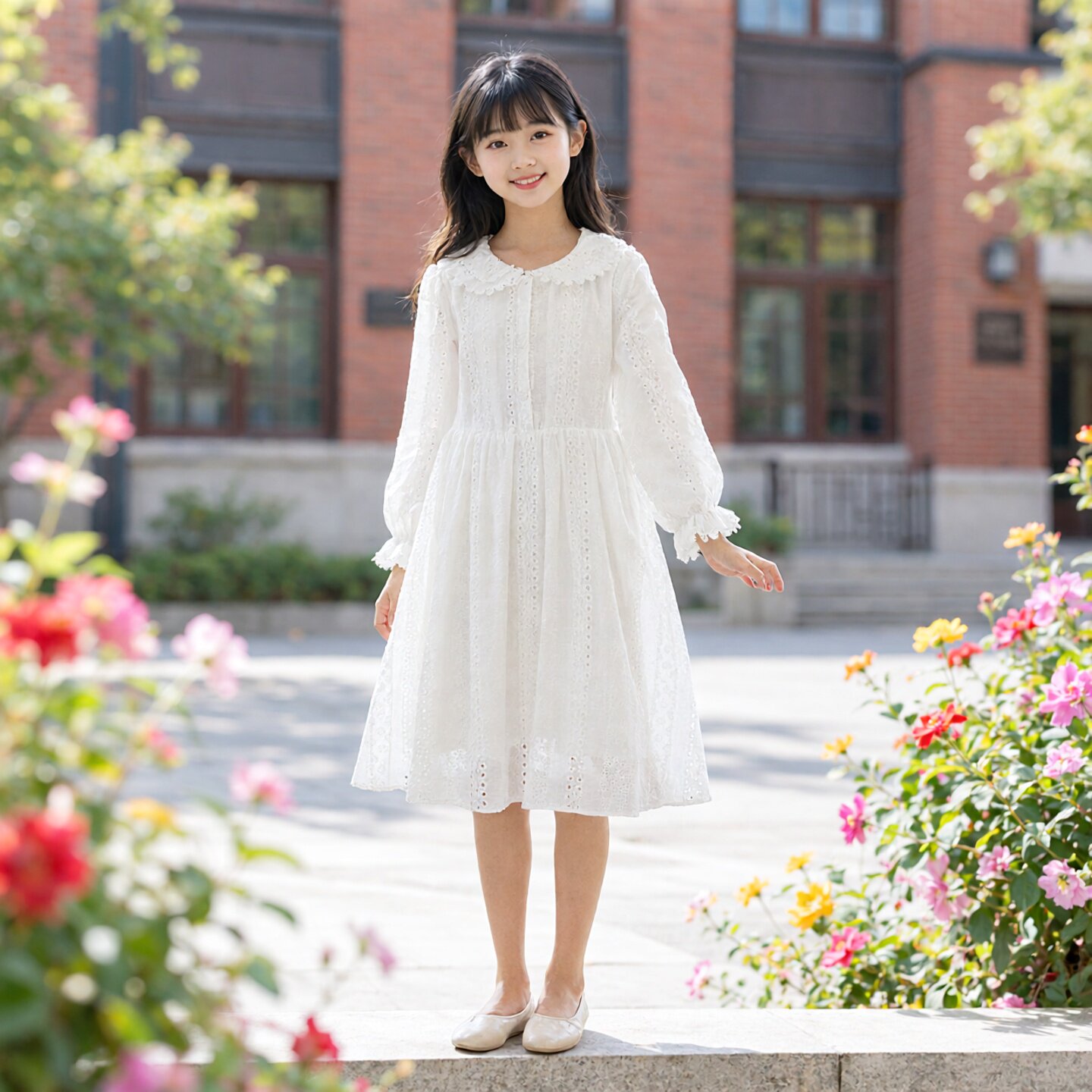 秋夏装女童连衣裙短袖白色娃娃领公主裙长袖棉蕾丝镂空刺绣衬衫裙