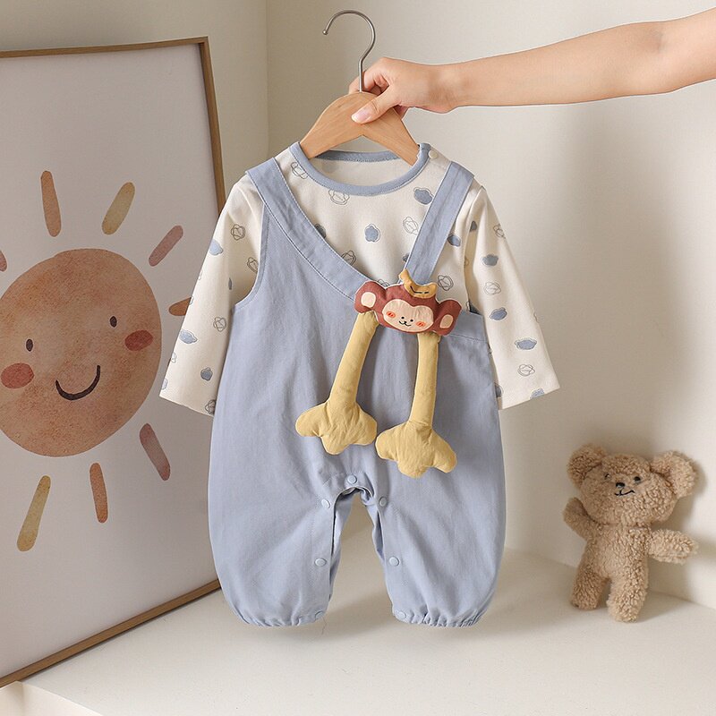 婴儿连体衣春装立体小猴子背带裤纯棉上衣男女童宝宝衣服两件套装