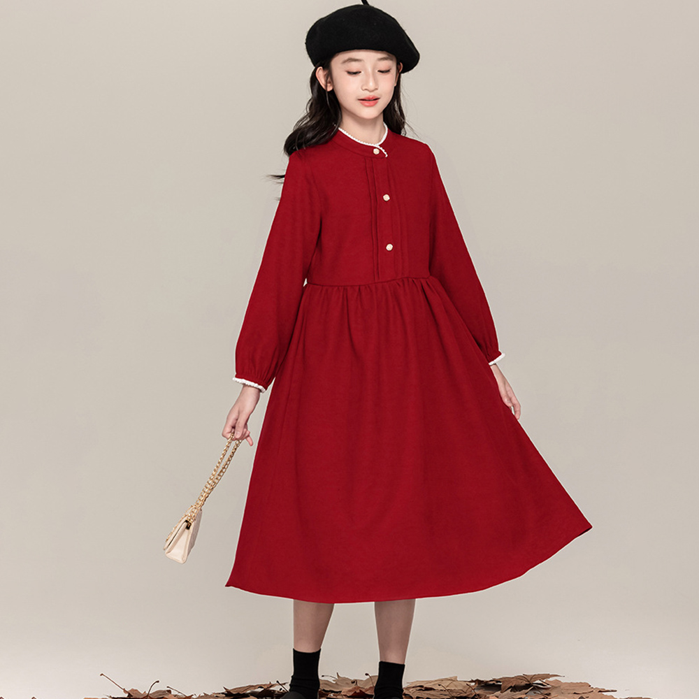 高级感女大童秋冬连衣裙长袖复古新中式国风小立领新年中长裙加绒