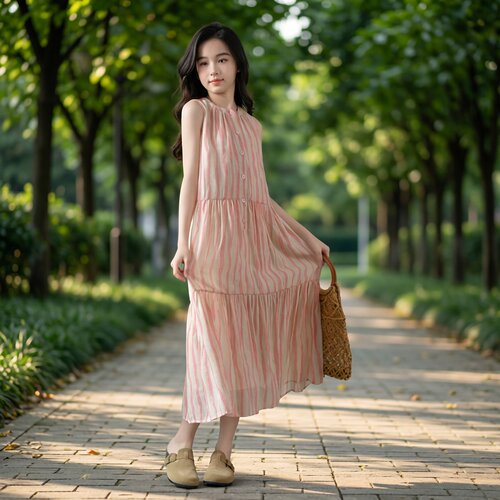 女大童时尚条纹连衣裙甜美公主裙宽松大裙摆夏装文艺风长裙度假风