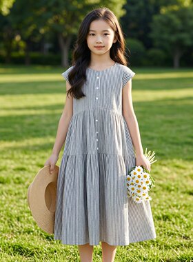 女大童日系细条纹连衣裙女孩夏季半袖立领衬衫裙儿童宽松休闲长裙