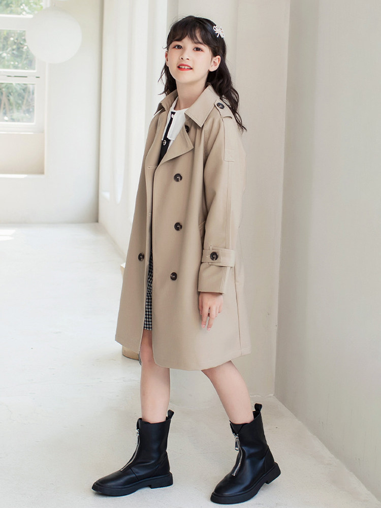여아용 윈드 브레이커 중간 길이의 봄 코트 아동용 봄 가을 코트 중대형 아동용 단순 영국 스타일 이중 행 옷깃
