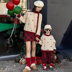 亲子装母女毛衣女童宝宝圣诞立体毛球套头针织衫新年毛线衣拜年服