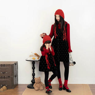 亲子圣诞节日风母女装 黑色丝绒亮钻绗线背心裙女宝宝连衣裙公主裙