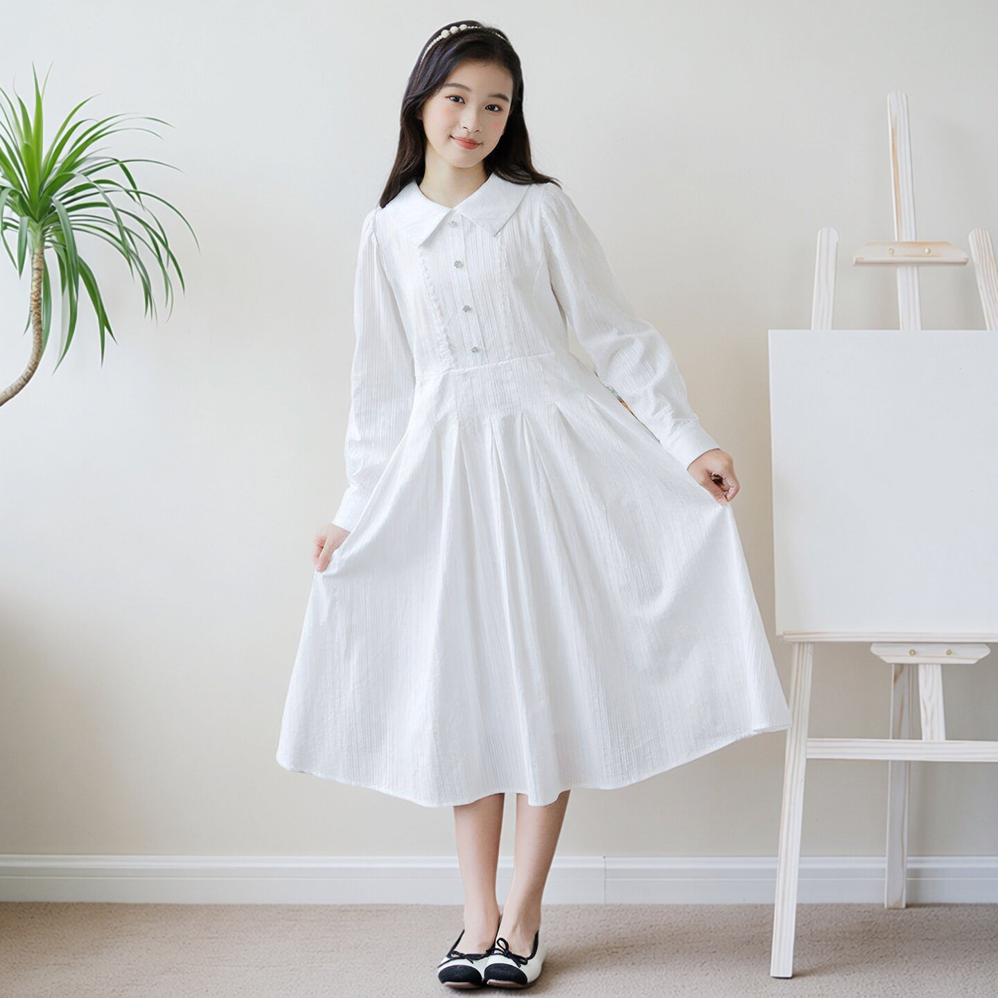春秋女大童长袖提花棉布连衣裙翻领衬衫裙白色气质文艺中长衬衣裙