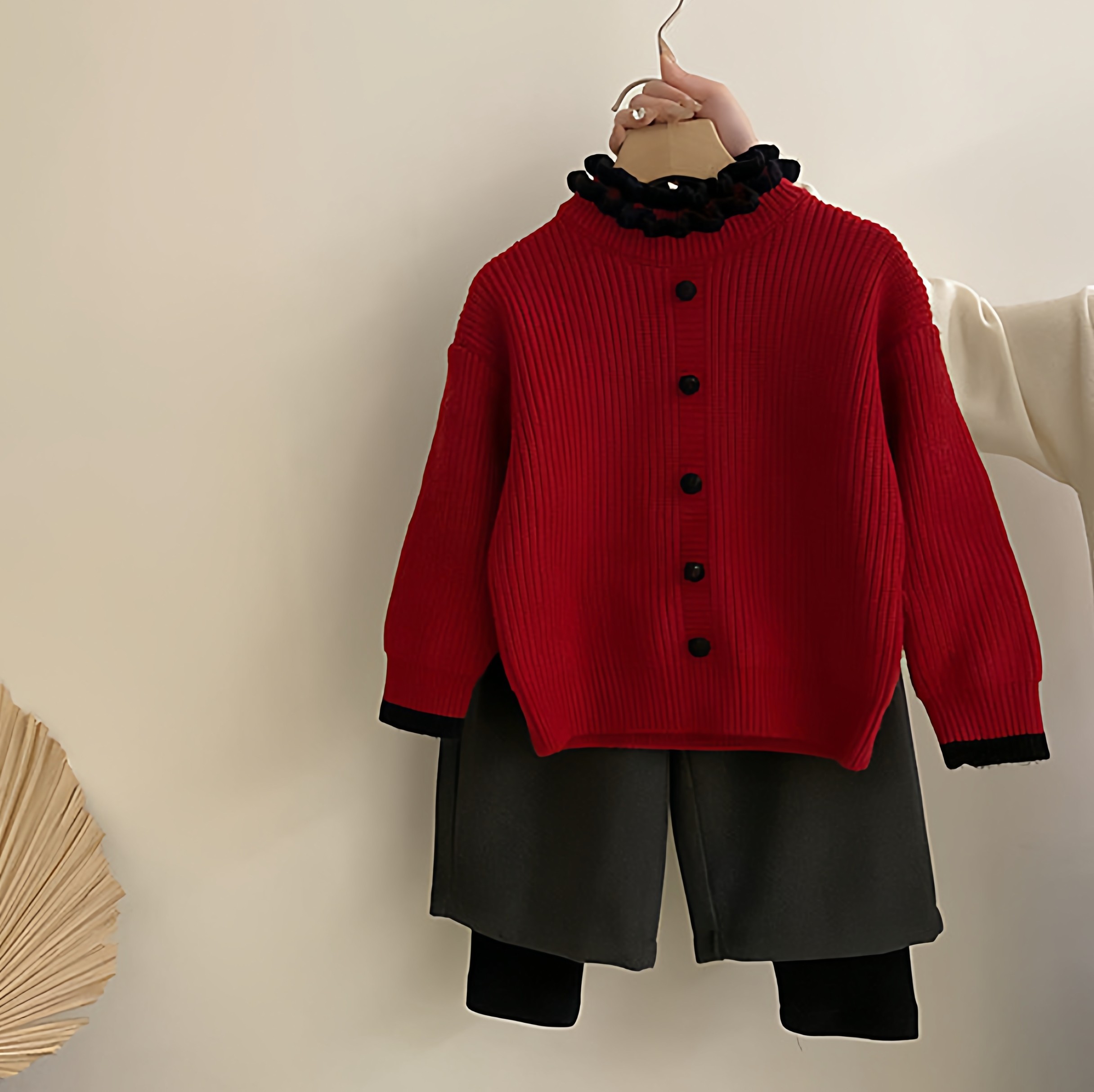 女童木耳花边领毛衣红色新年服秋冬款针织衫洋气女孩假两件加绒裤,童装/婴儿装/亲子装,毛衣/针织衫,淘宝优惠券,粉丝福利购,淘宝优惠卷