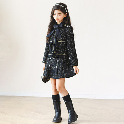 春秋冬季童时尚亮片小外套半身裙两件套中大童小香公主风夹棉套装