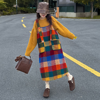 女大童连衣裙秋冬季洋气女孩格子