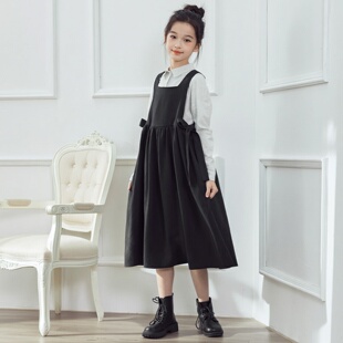 春款女童背心裙甜美气质长裙大童蝴蝶结系带连衣裙纯色背带裙女孩