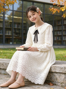 女童长袖蕾丝连衣裙春秋款娃娃领蝴蝶结中长裙女孩生日公主礼服裙