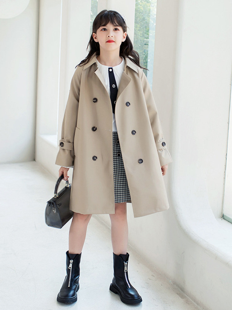 여아용 윈드 브레이커 중간 길이의 봄 코트 아동용 봄 가을 코트 중대형 아동용 단순 영국 스타일 이중 행 옷깃