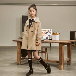 春秋款洋气卡其色翻领风衣女童纯色短款外套中大童女孩双排扣上衣