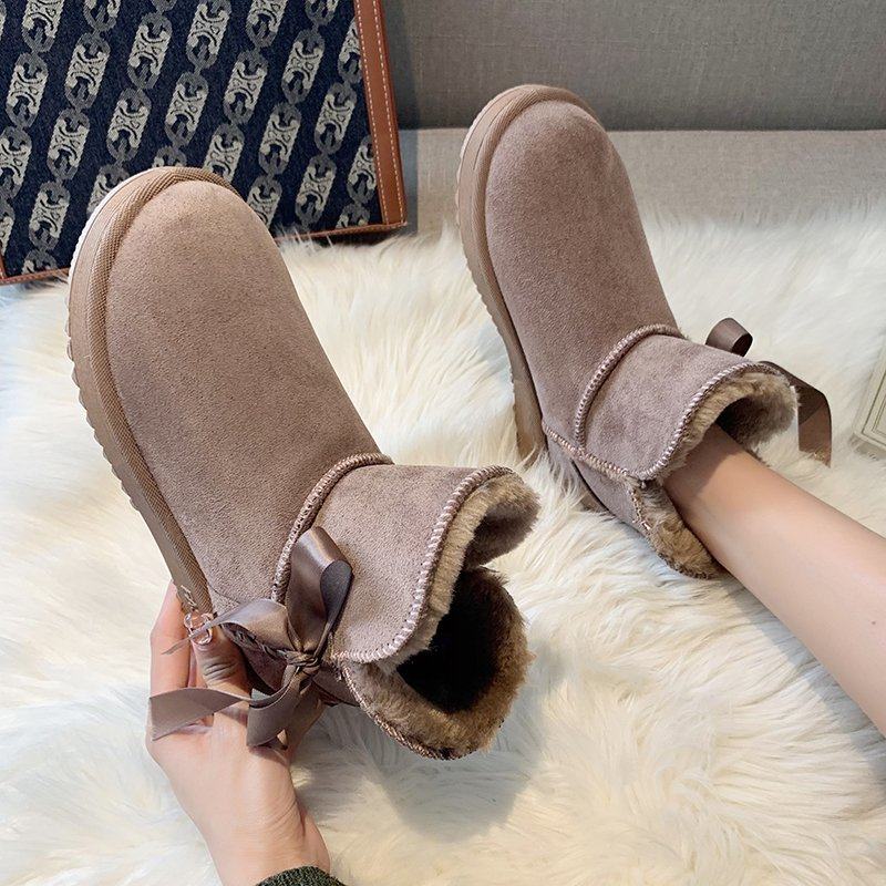 短筒雪地靴女2021年冬季新款加绒可爱蝴蝶结加厚防滑保暖棉鞋女