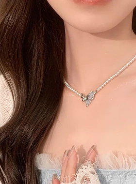 珍珠蝴蝶项链女气质轻奢小众设计感2024新款高级感网红爆款锁骨链