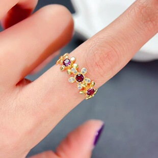 开口可调节天然镁铝石榴石戒指女小花饰品925纯银镶宝石甜美通勤