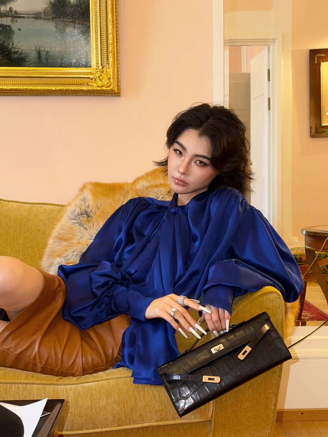 Fashion&Best85%醋酸蓝色海妖法式复古系带灯笼袖宽松衬衫女新款
