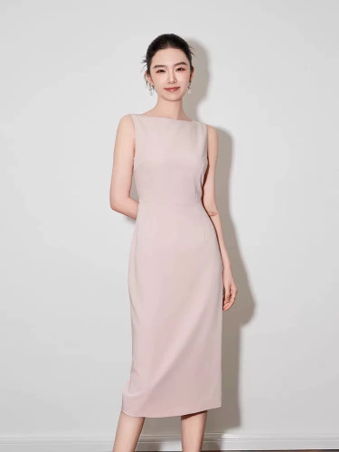 高级感女神气质Fashion&Best高定新款裸粉色无袖通勤修身连衣裙