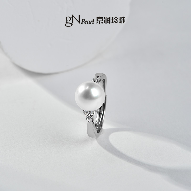 【官方】京润珍珠 海水珍珠戒指925银9-10mm圆形白色