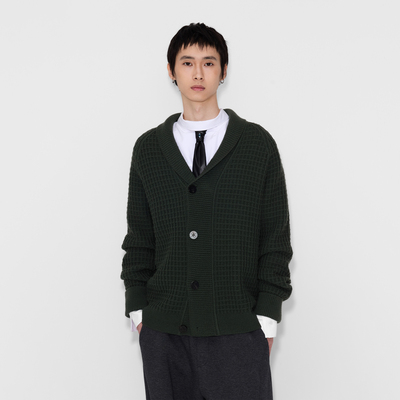 UNICA HOMME/复古叠穿肌理翻领100羊毛保暖针织开衫男