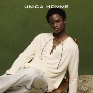 西部牛仔风_亚麻棉麂皮绳绑带领长袖 王子奇同款 T恤 HOMME UNICA