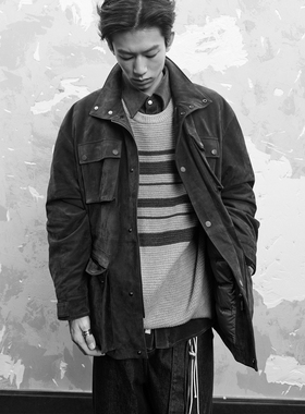 UNICAHOMME/复古绒面牛皮革猎装廓形鹅绒皮衣外套男