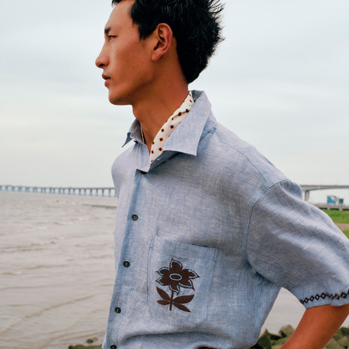 UNICAHOMME/黄子弘凡同款 男士设计感刺绣亚麻短袖衬衫