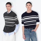 HOMME 整洁挺阔羊毛棉混织男士 休闲上衣条纹针织衫 UNICA 短袖