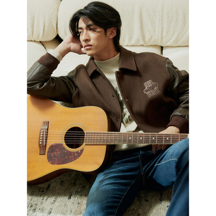 UNICA 帅气型格_汽车logo羊毛拼羊皮翻领夹克外套棒球服男 HOMME