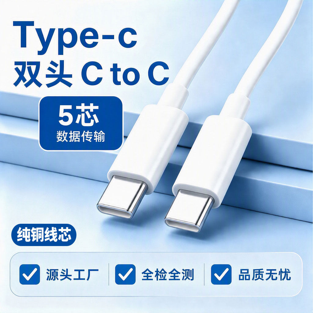 工厂批发-纯铜双typec数据线tpyec双头5芯快充线ctoc口快充线适用华为小米平板电脑车载充电线器双c快充线