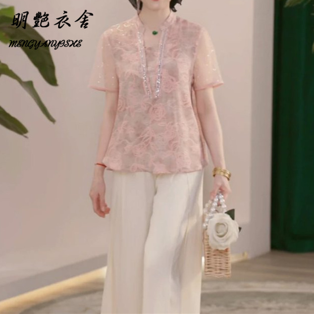 妈妈装夏装薄款时尚两件套装气质中老年女中年女洋气小衫上衣T恤