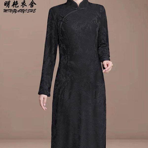 高端大气喜婆婆婚宴礼服改良旗袍连衣裙高贵秋季长袖妈妈装新中式
