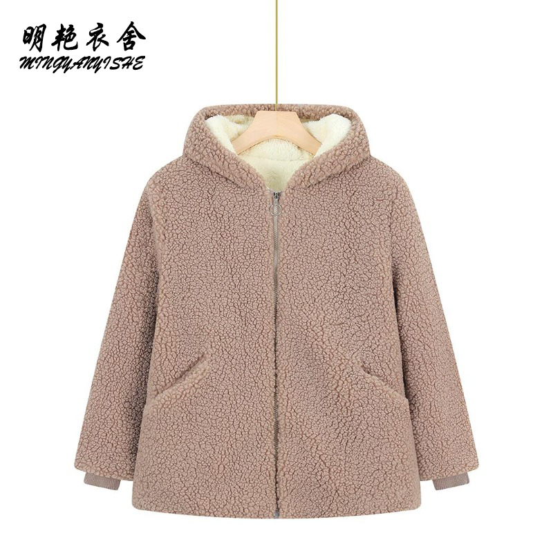 新款妈妈冬装羊羔绒棉衣服加绒加厚连帽外套中老年女装颗粒绒棉袄