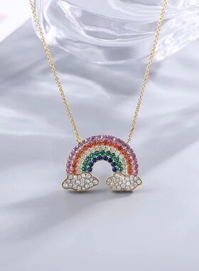 金黄色彩虹项链s925银云朵彩色