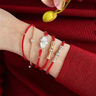 hefang925纯银何方万事都玲红绳手链手环手饰蝴蝶兰红绳水滴双层