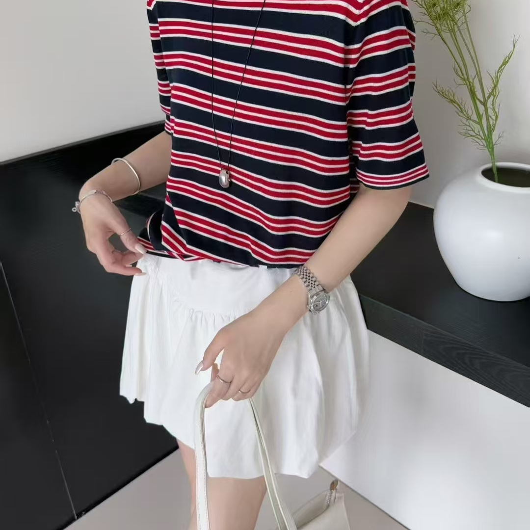 欧洲站2025夏季新款时尚休闲显瘦polo领条纹套头天丝针织衫女上衣