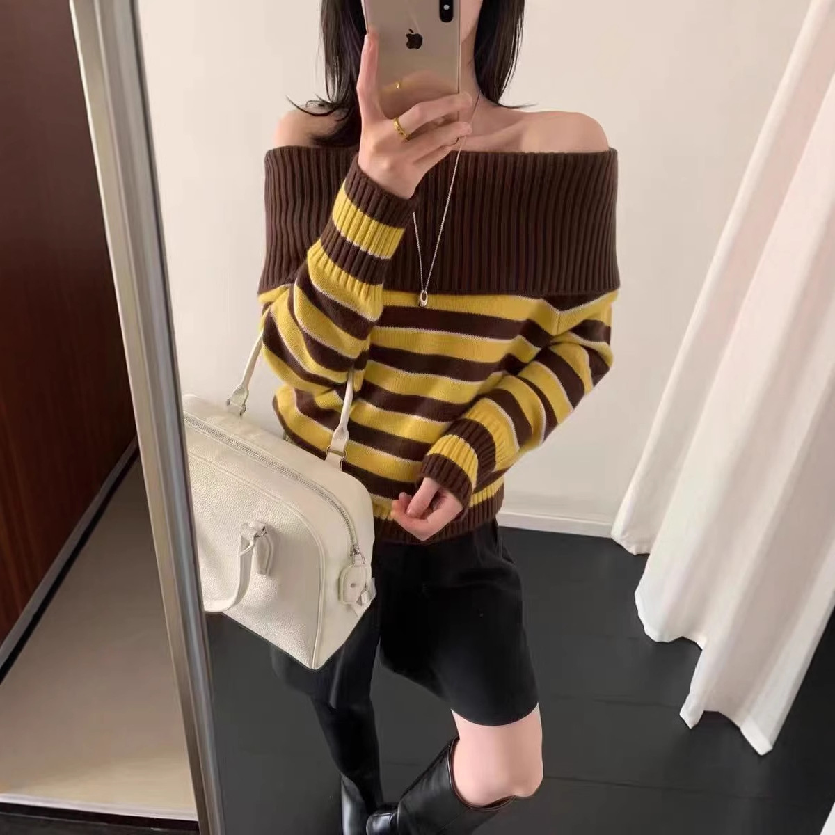 KR一字领撞色条纹羊毛针织衫2025秋冬新款女高级感洋气显瘦毛衣女