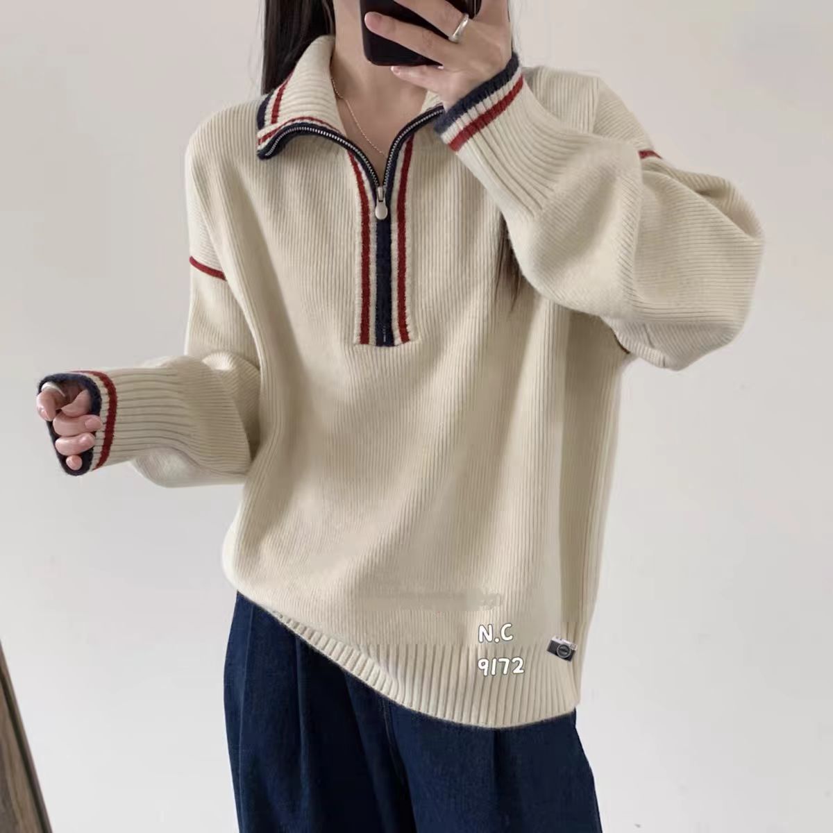 2025新款时尚半开拉链套头毛衣女韩系减龄学院风百搭通勤针织衫YZ
