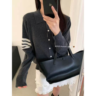 学院风翻领四道杠袖软糯羊毛针织开衫女2025新欧货显瘦减龄毛衣HR