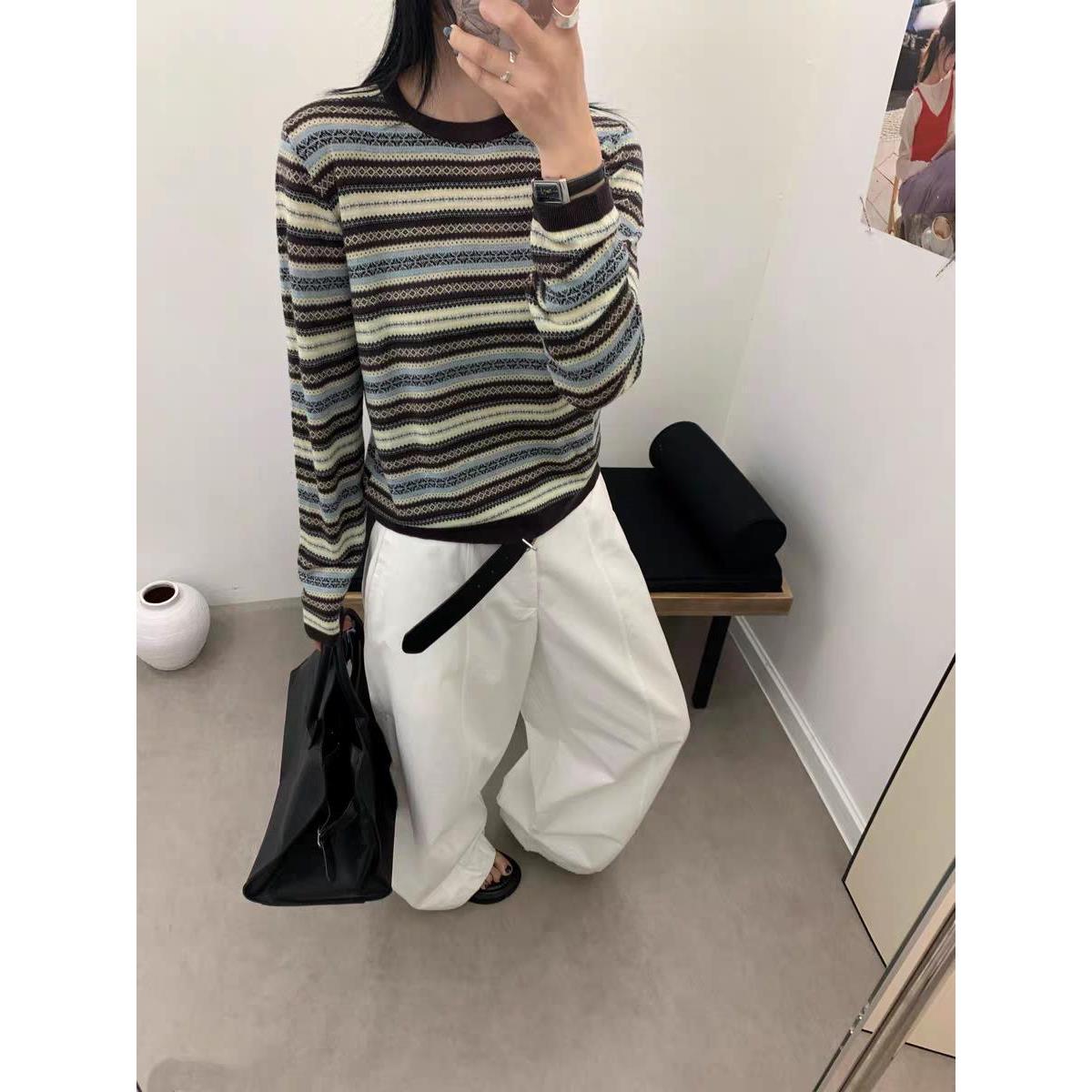 HLY韩系超细羊毛秋季新款圆领长袖条纹撞色针织衫女宽松百搭上衣