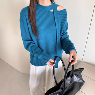 羊驼绒针织衫女2025新款小众设计感露肩飘带毛衣女秋冬高级感潮CC