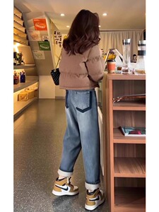 加绒哈伦牛仔裤女秋冬新款胖mm高腰宽松显瘦梨型身材蓝色老爹裤子