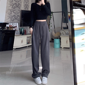 灰色直筒休闲裤女秋冬新款大码胖妹妹mm高腰宽松显瘦束脚运动卫裤