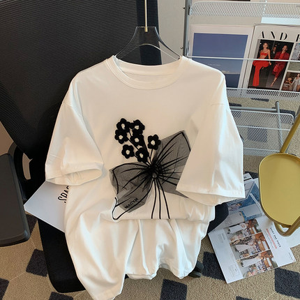 2020#官方图实价#（65/35拉架）夏季设计感立体花朵黑色短袖T恤女