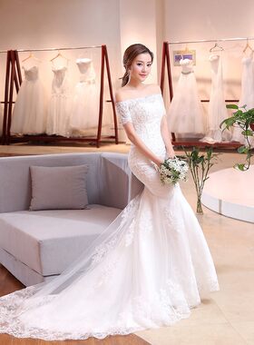 2026新款跨境婚纱礼服新娘复古一字肩鱼尾拖尾婚纱短袖修身简约旅