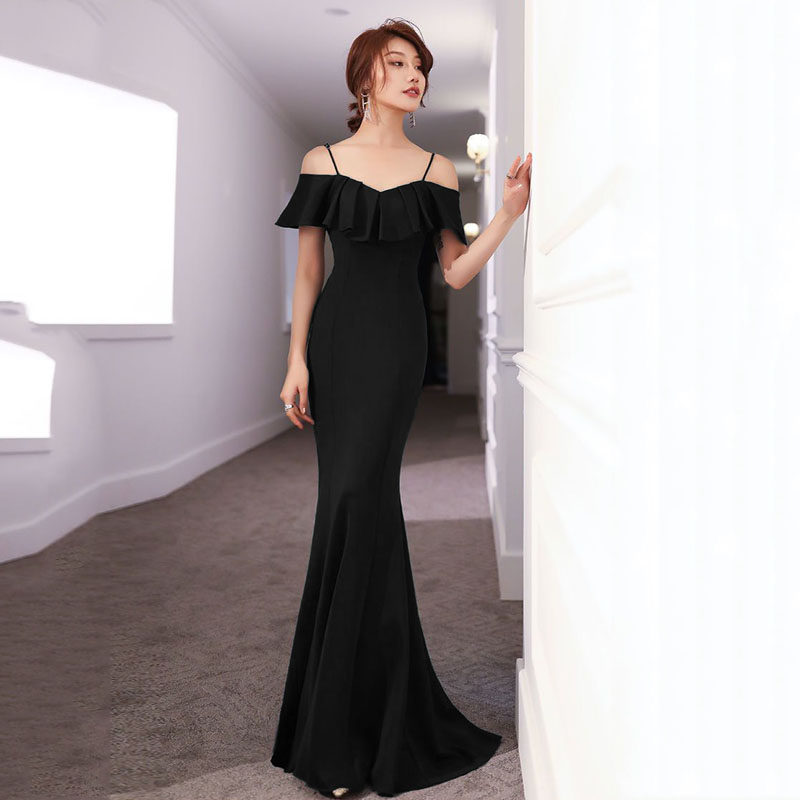 荷叶边一字领吊带晚礼服女长裙性感鱼尾显瘦优雅年会主持人连衣裙