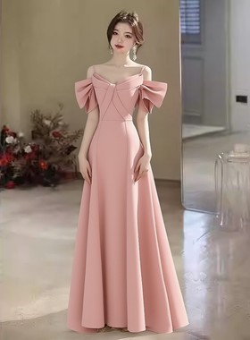 一字肩晚礼服粉色减龄新款成人礼鱼尾大摆舞会裙派对裙伴娘服2026