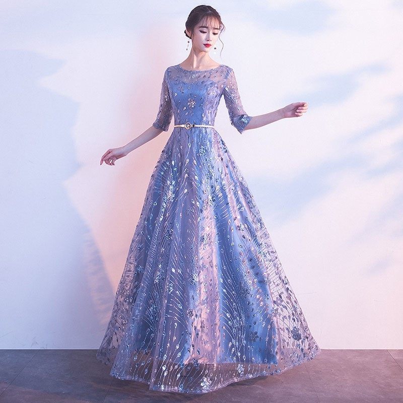 2026新款伴娘晚礼服女宴会闺蜜裙亮片高档圆领中袖演出大合唱长裙