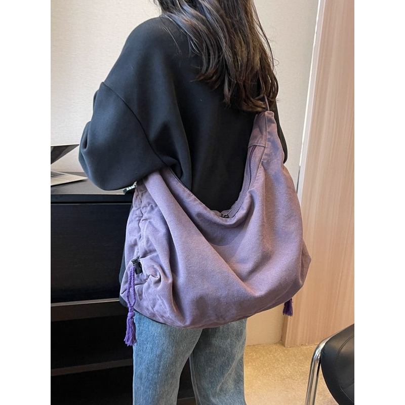 法式新款日韩重工水洗帆布斜挎包女大容量休闲单肩布袋潮个性抽绳