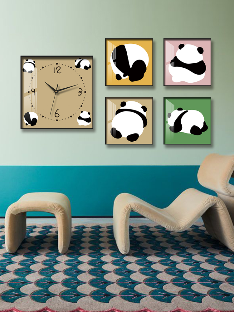 彩色多巴胺熊猫电表箱装饰画挂钟可翻盖壁画配电箱电闸箱遮挡挂画图片