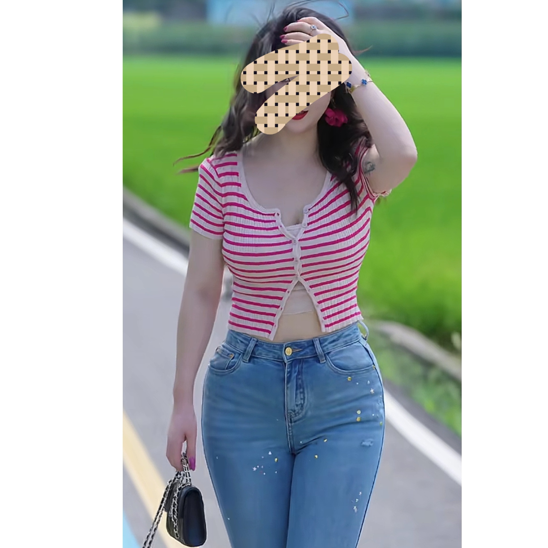 网红街拍同款纯欲甜辣妹撞色条纹假两件短袖薄款显瘦针织衫上衣